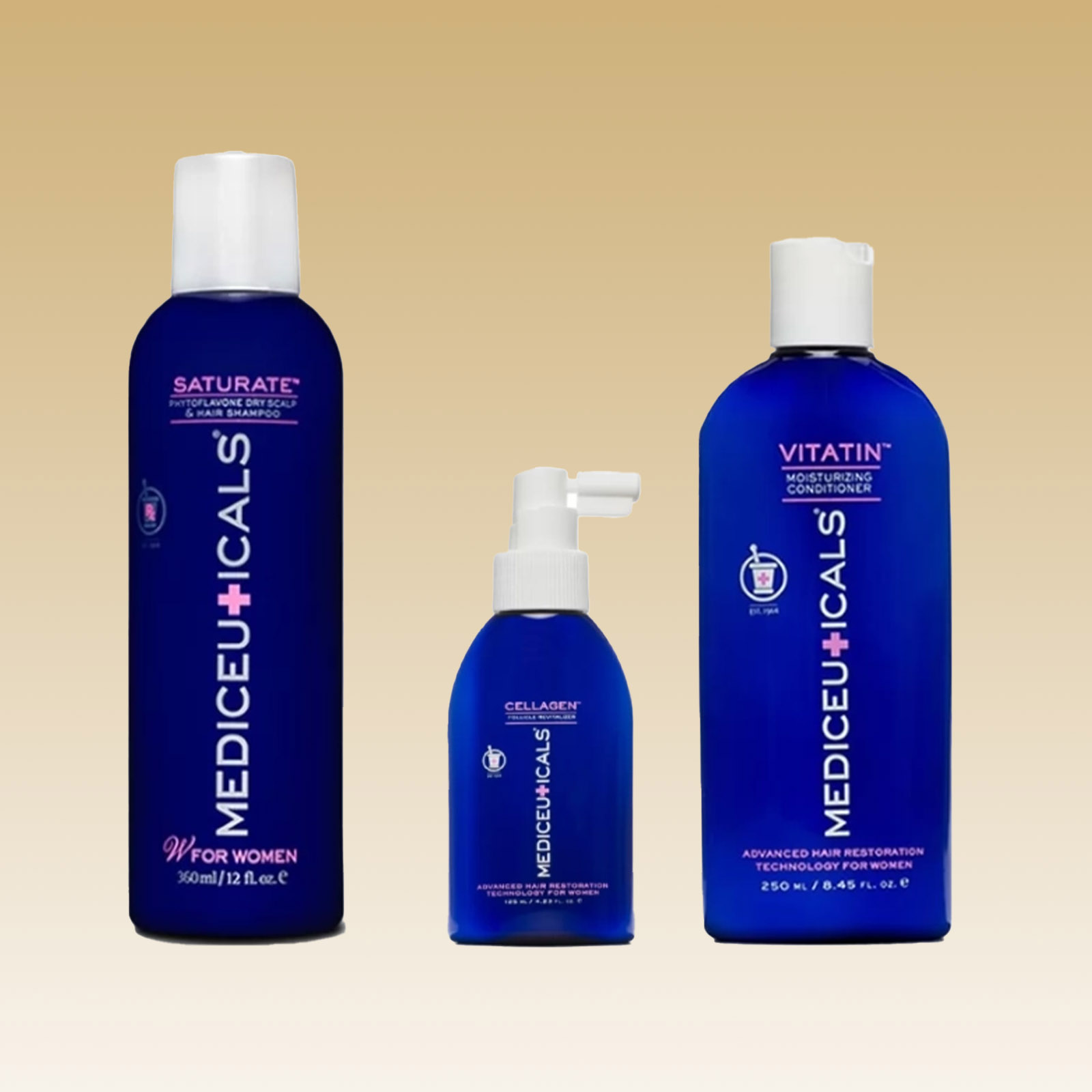 MEDICEUTICALS Zestaw kosmetyków stymulujący porost włosów dla kobiet, suche włosy (Saturate 250ml, Vitatin 250ml, Cellagen 125ml)